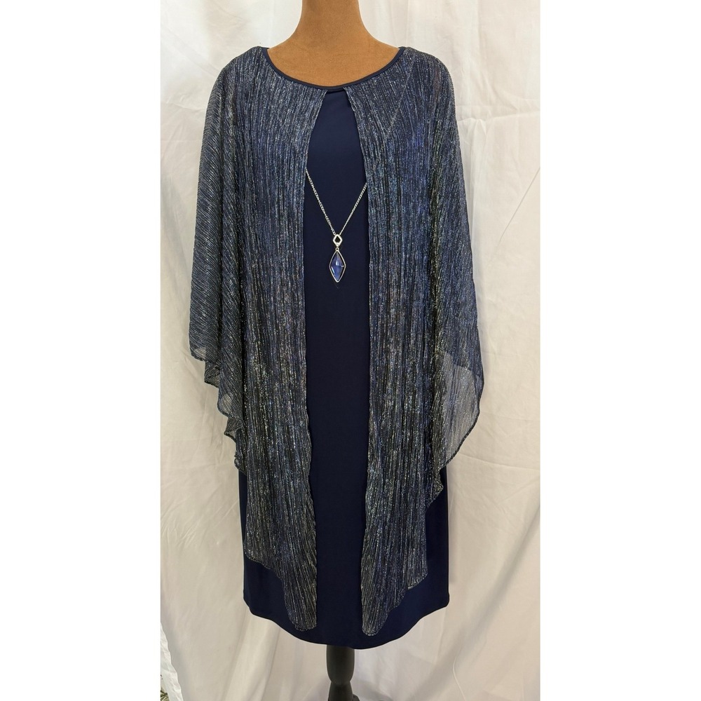 Glamour by Nights Navy Blue Metallic Capelet Sheath Dress with Necklace Size 10